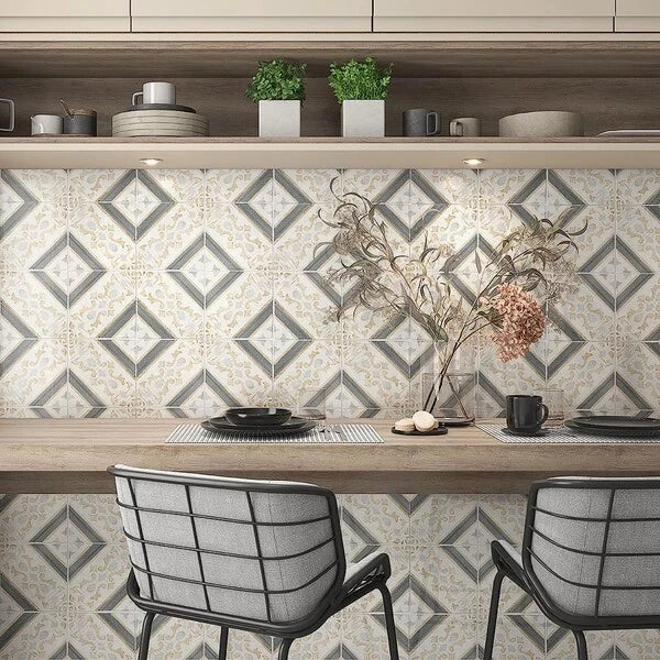 Modern kitchen with Marsala Classic Baldosa tiles, elegant patterns, rich wooden cabinetry, and stylish dining chairs.