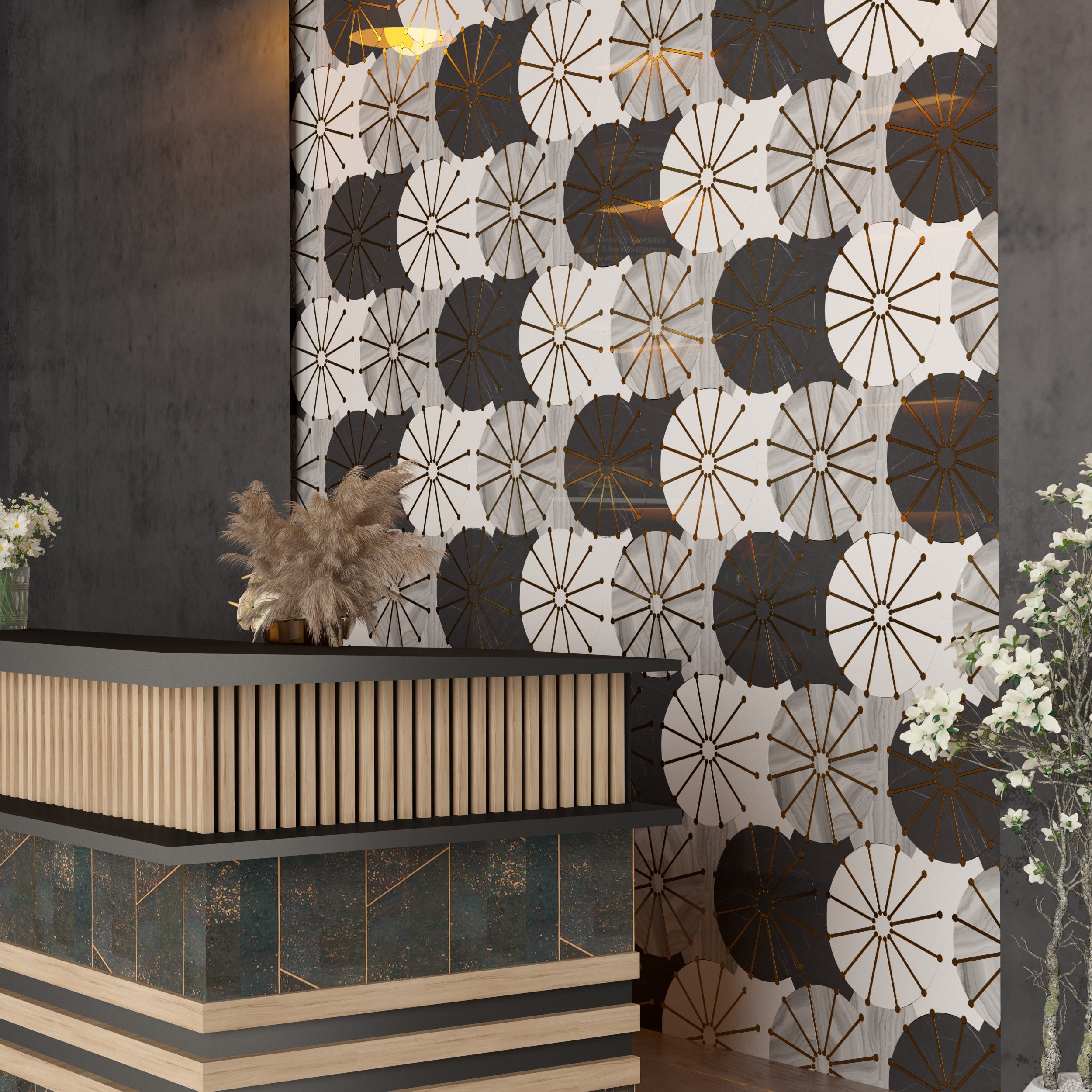 rockefeller natural stone mosaic with shades of beige and brown from surface group international.