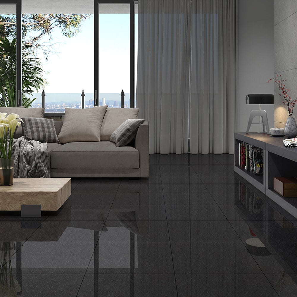 Modern living room with glossy black granite tile flooring, beige sectional sofa, wooden coffee table with a potted plant, large window with scenic view.