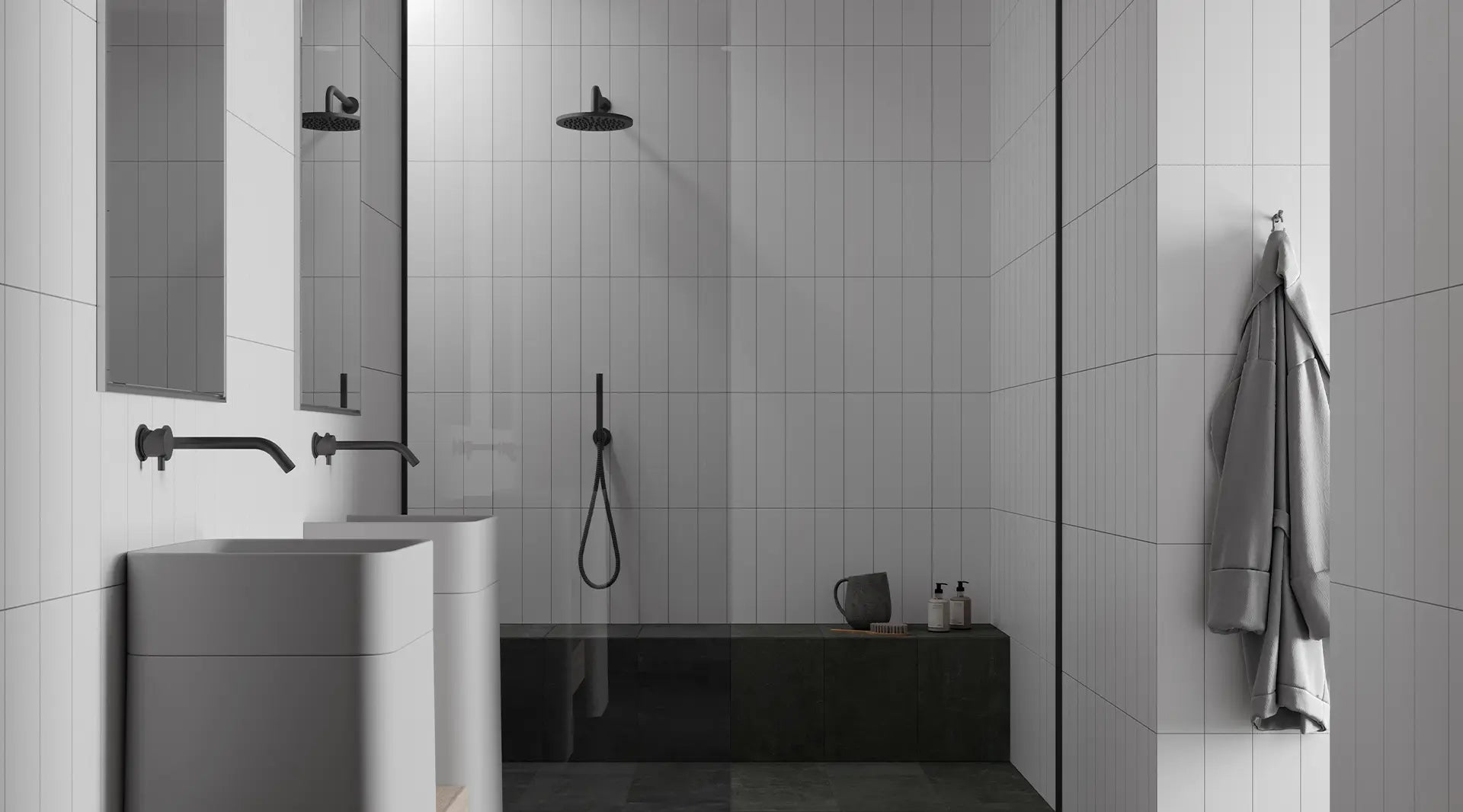 Contemporary bathroom showcasing Anatolia Purity Glazed Ceramic tiles in a sleek, glossy finish, with a monochrome palette creating a modern, sophisticated look.