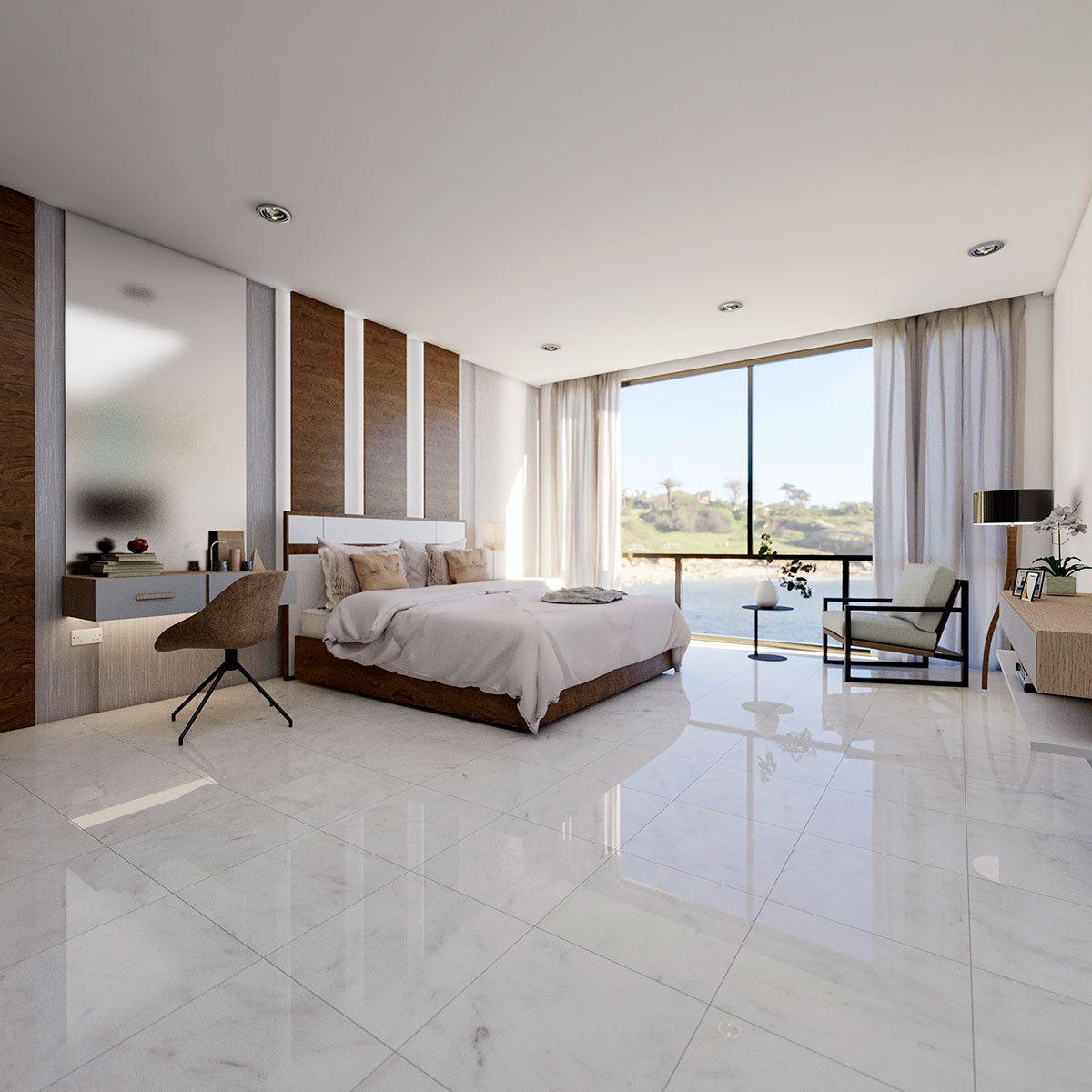 Modern bedroom with large windows, marble tile flooring, wooden accent wall, and minimalist furniture including bed, desk, chair, and nightstand.