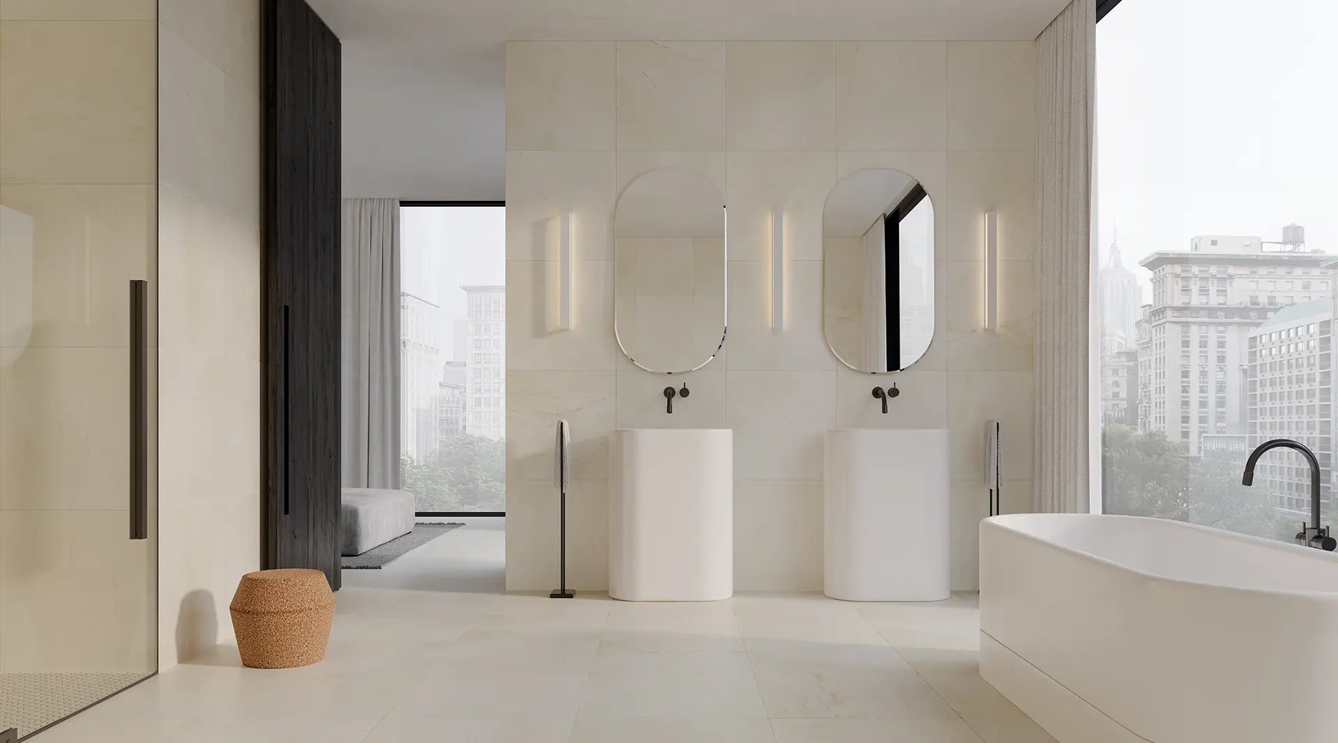 bathroom interior with floors and walls made out of avorio crema beige light marble