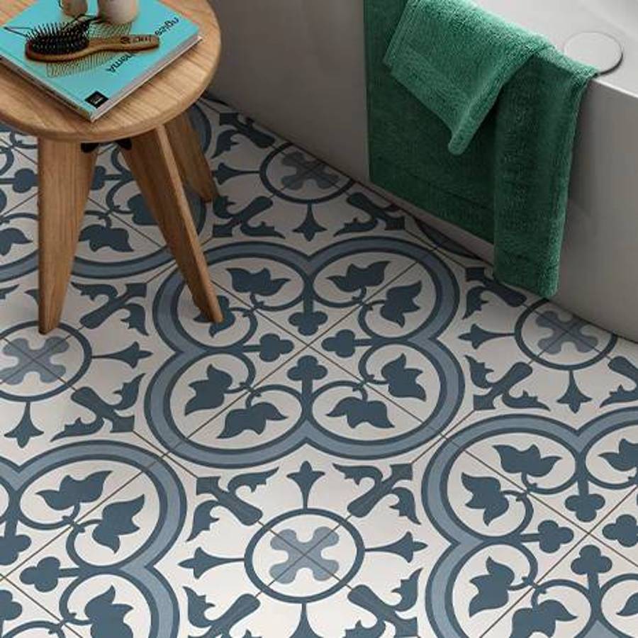 Barcelona Deco Porcelain tile collection in various colors including beige, blue, grey, and black with contemporary deco patterns available at Surface Group online store