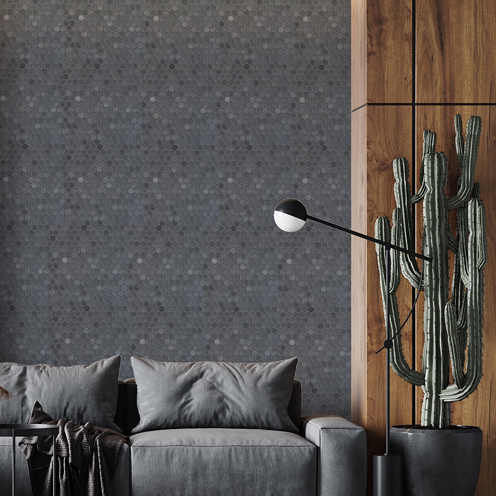 A textured mosaic made of interlocking basalt stones.
