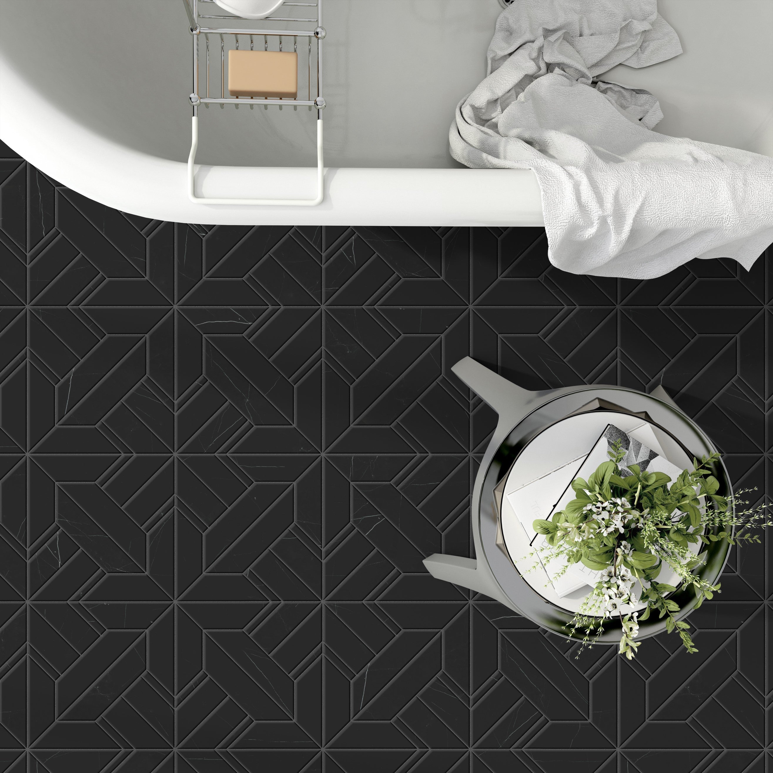 Elegant interior with sleek black marble mosaic tiles by Surface Group.