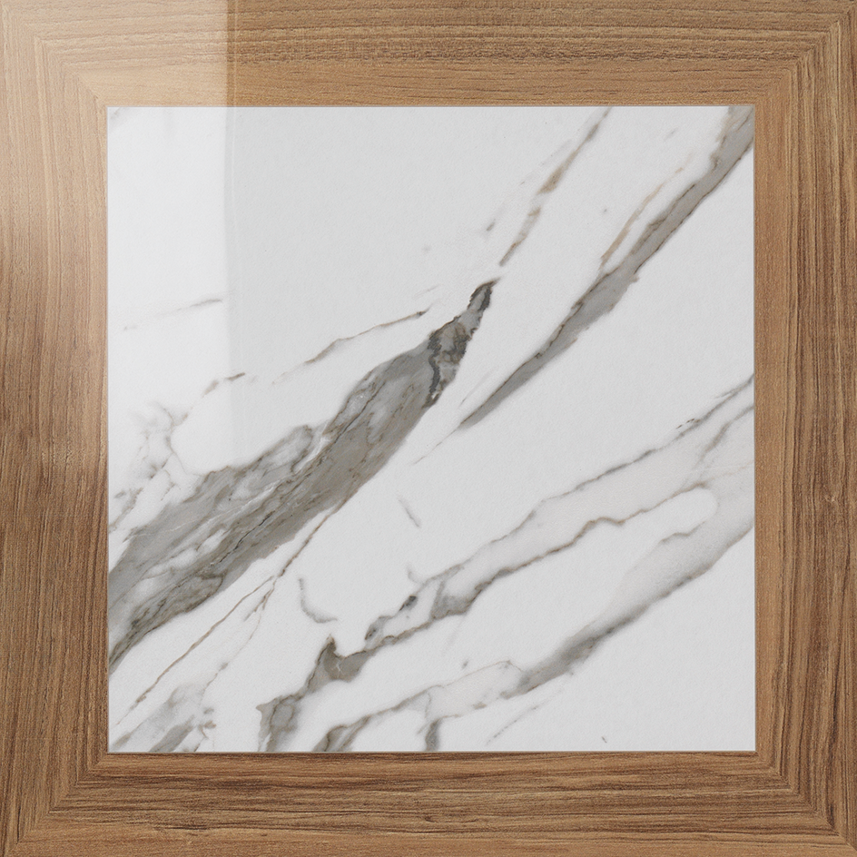 Elon Calacatta square porcelain tile with white marble look from the Elon collection, suitable for stone and wood effect in ceramic materials, available at Surface Group online store.
