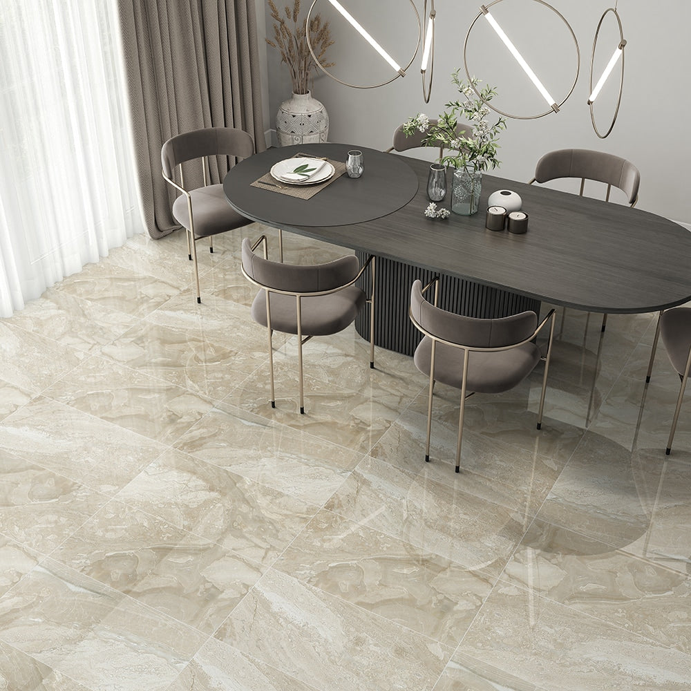 Elegant dining room with glossy beige marble flooring, modern dark wood oval table, beige chairs with gold frames, large window, plants, hanging lights.