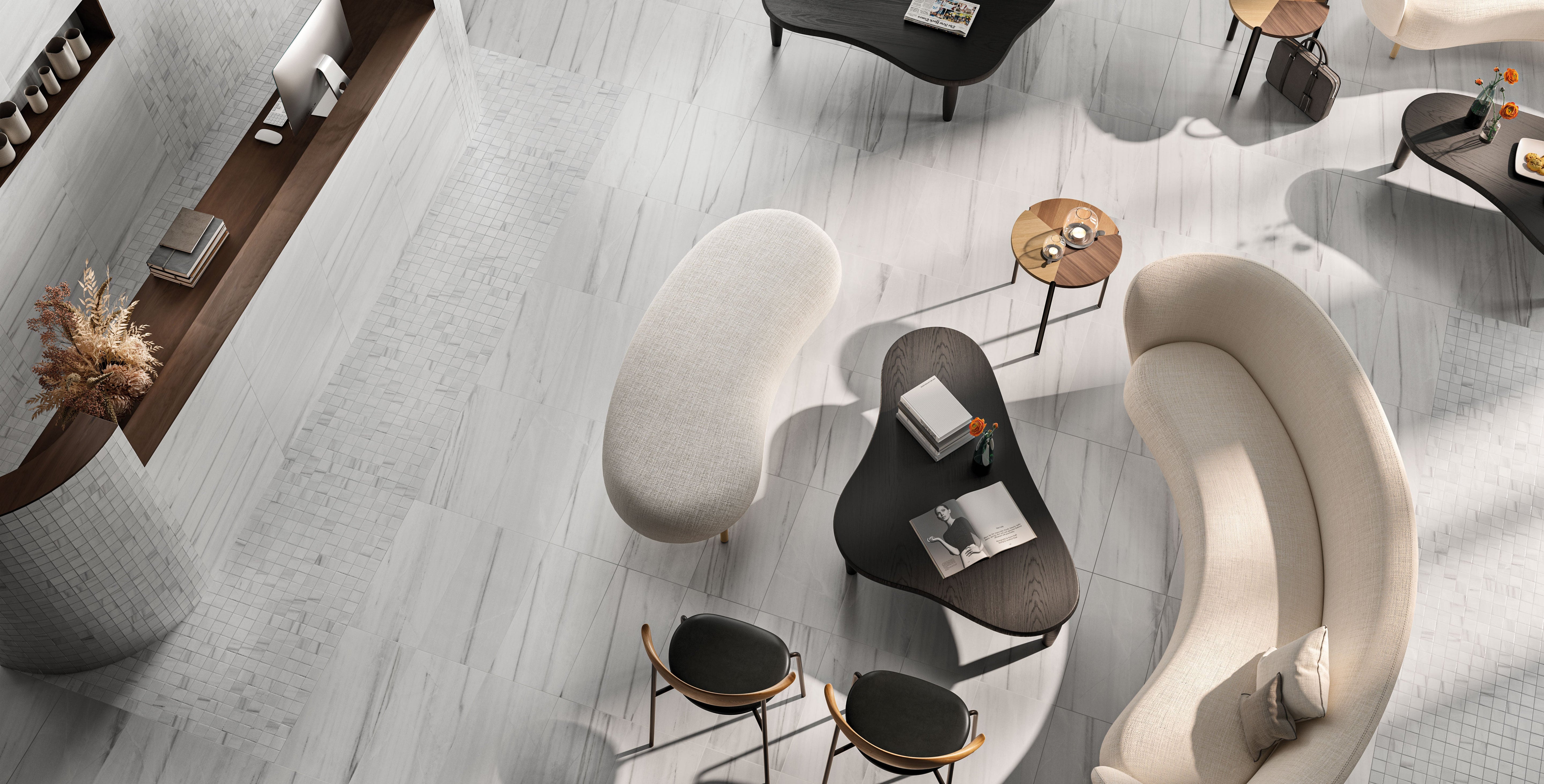 Porcelain tile collection from Surface Group featuring Dolomites design in a modern living room setting with elegant furniture.