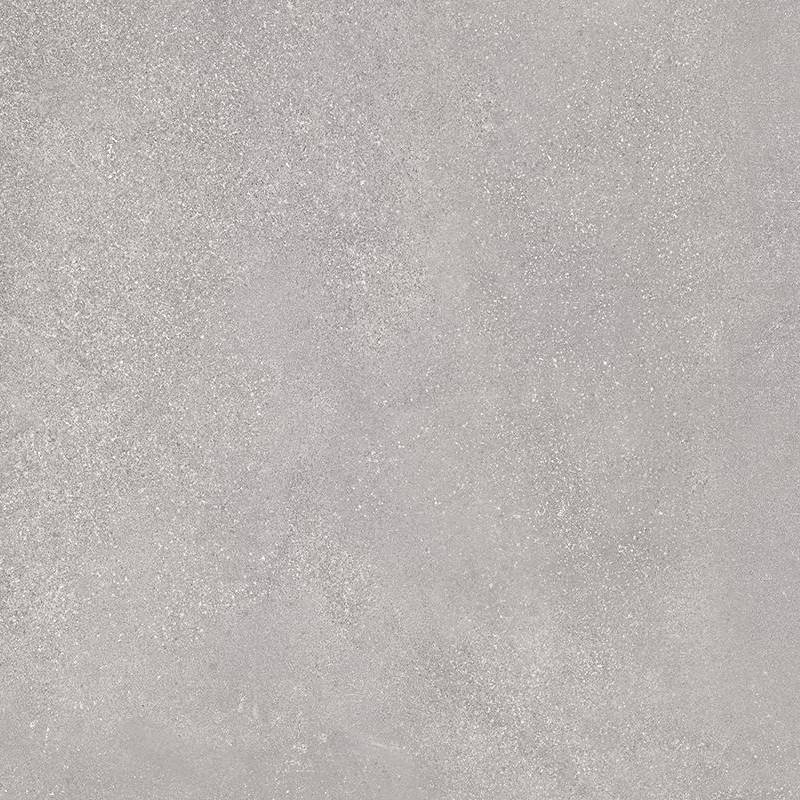 A close-up image of a porcelain tile with a concrete-like texture, in a neutral gray tone with subtle light and dark speckles creating a natural stone appearance.
