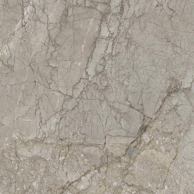 Close-up view of a square porcelain tile with a detailed marble effect, exhibiting a network of intricate grey veins and patterns on an off-white base with occasional hints of beige and tan, resembling natural stone.