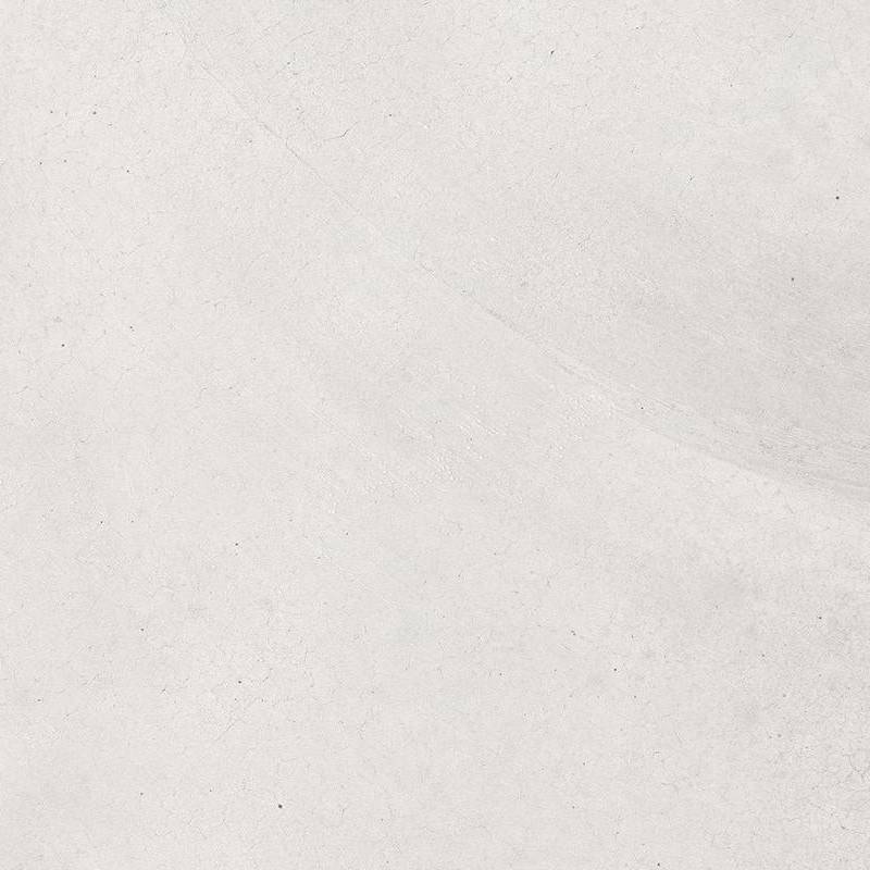 Close-up of a textured porcelain tile with a subtle, vein-like pattern, predominantly white with faint grayish details simulating the appearance of natural stone. |