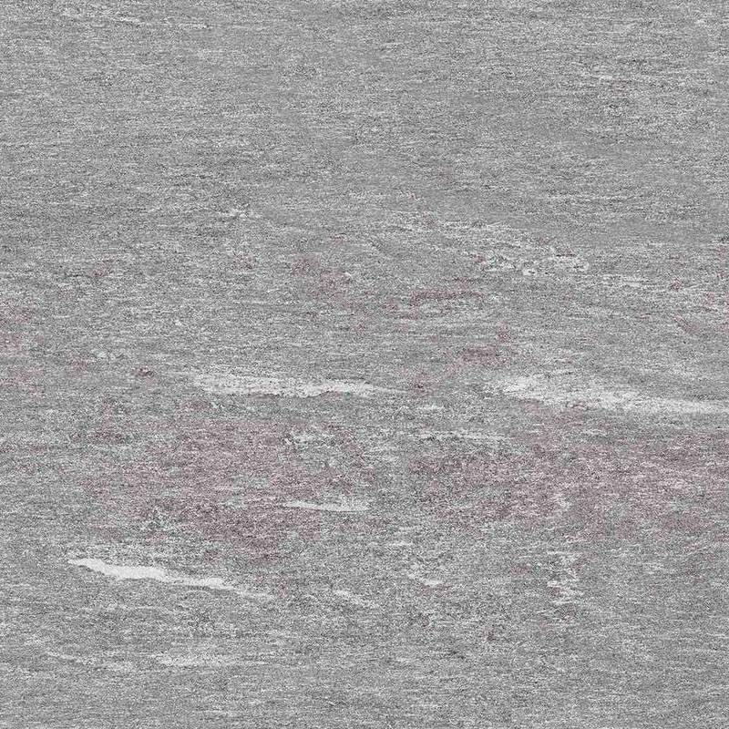 A close-up image of a porcelain tile showcasing a textured look with various shades of gray and subtle pinkish hues, resembling the appearance of natural stone. The tile's surface has a grainy, matte finish with delicate veining patterns throughout.