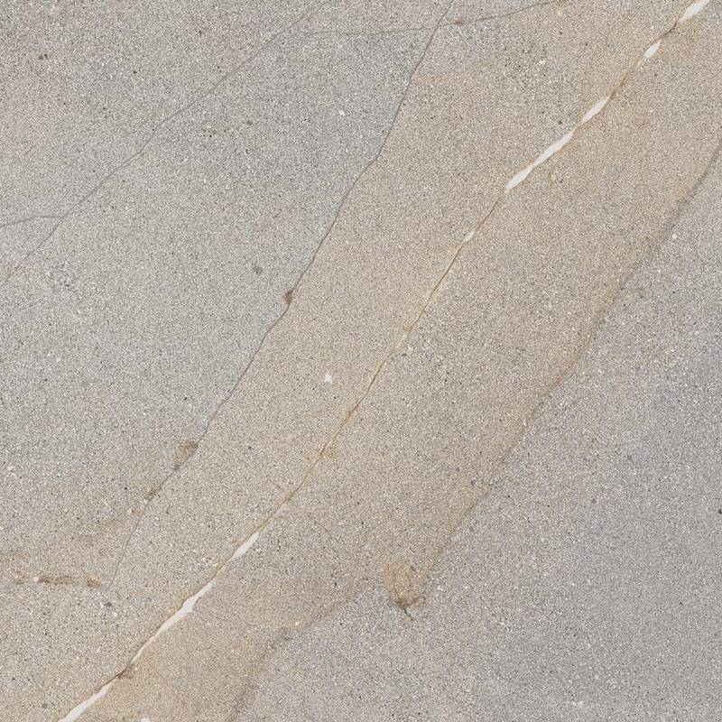 A close-up of a porcelain tile with a realistic stone-look design, featuring a subtle blend of light beige and cream colors with fine grain detailing and sporadic darker veining across the surface.