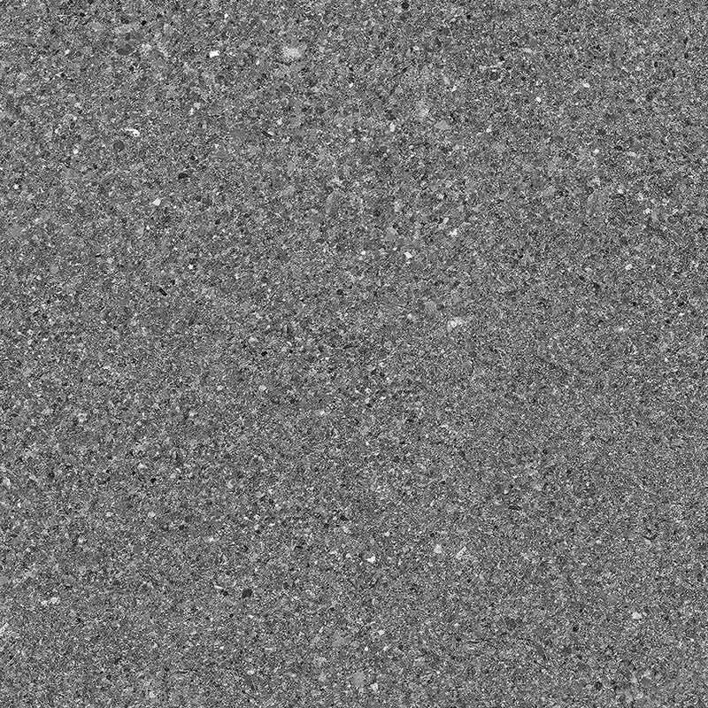 A close-up view of a fine-grained porcelain tile with a speckled pattern, predominantly displaying shades of gray.