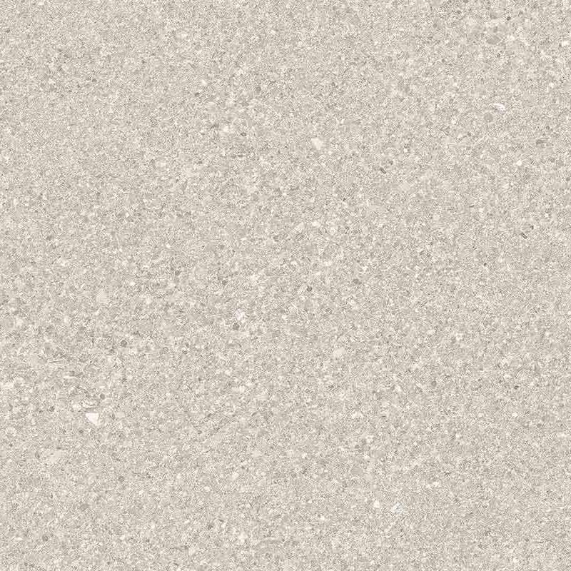 A close-up image of a porcelain tile with a fine, sandy texture and speckled pattern consisting of various shades of light and dark gray tones.