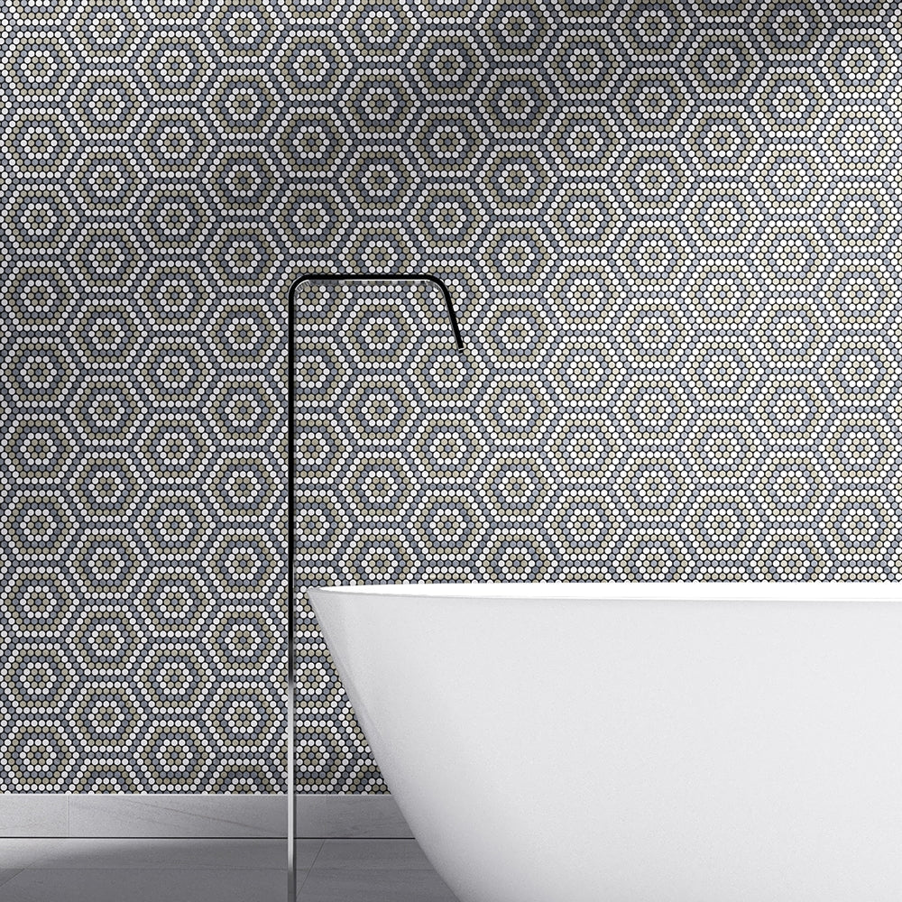 Chic interior featuring a stunning gray limestone mosaic wall by Surface Group, adding a touch of elegance to the space. #HomeDecor