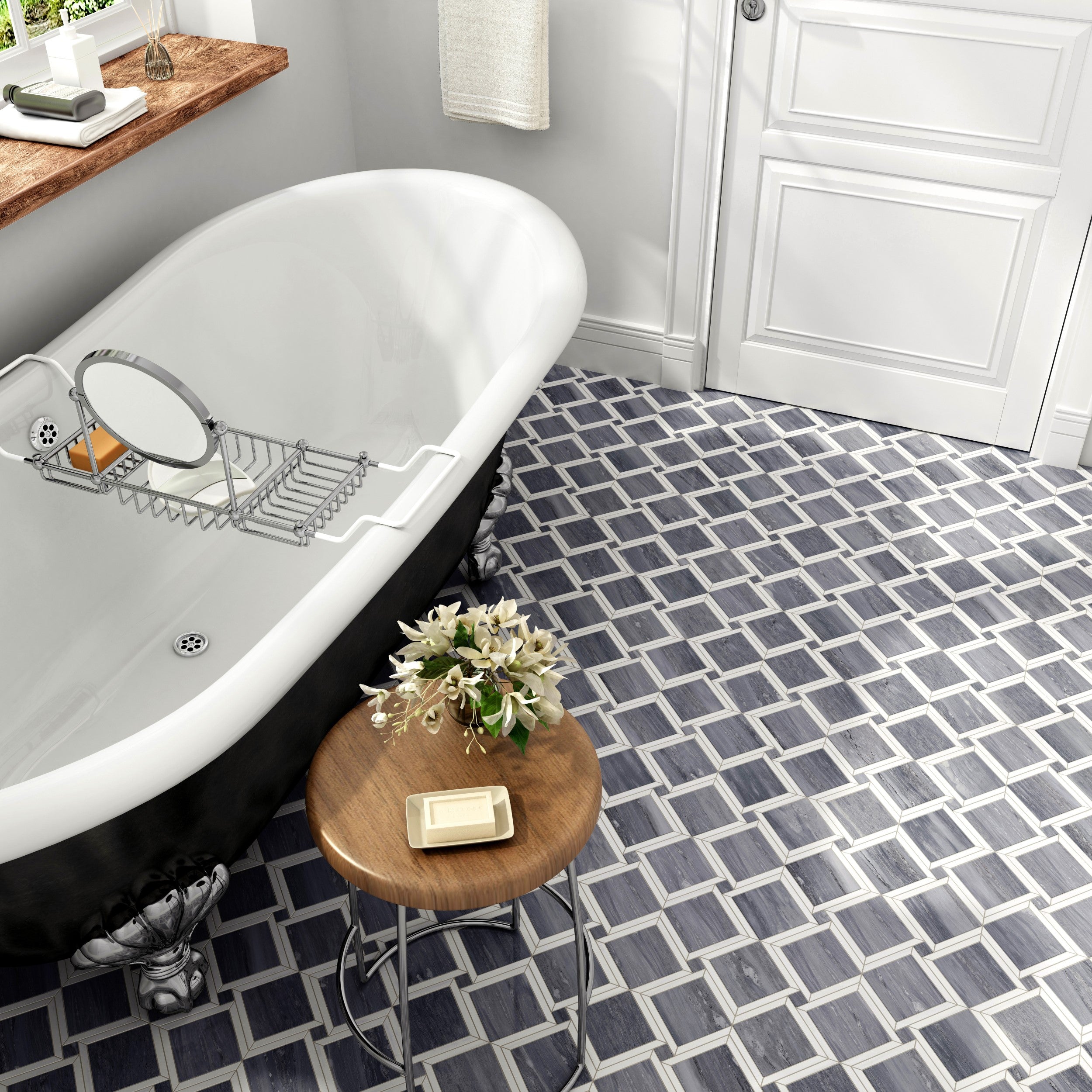 Elegant interior featuring the Surface Group's gray marble mosaic on walls and floors, adding a luxurious touch.