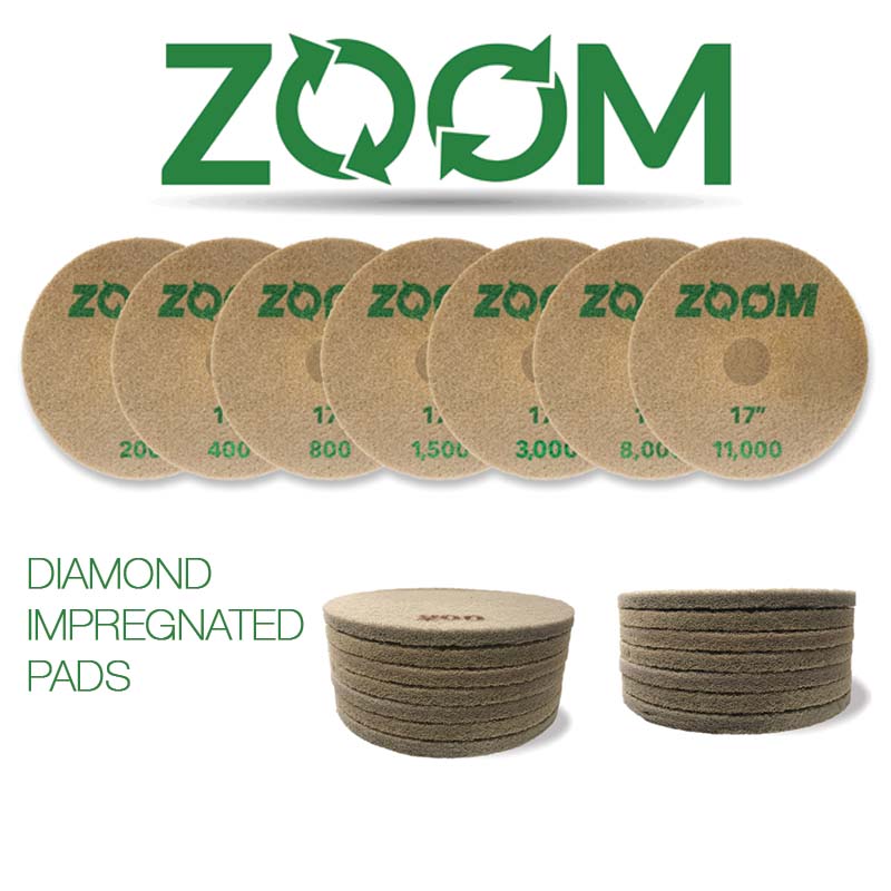 Diamond impregnated floor pads for polishing marble, terrazzo, and concrete surfaces.