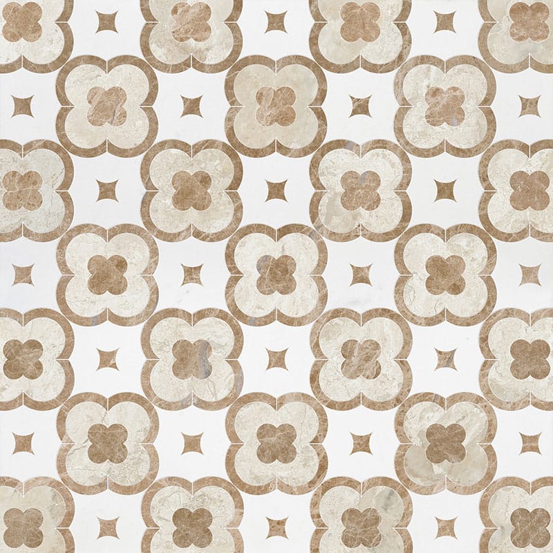 Brown and beige floral patterned tile with diamond accents on white background.