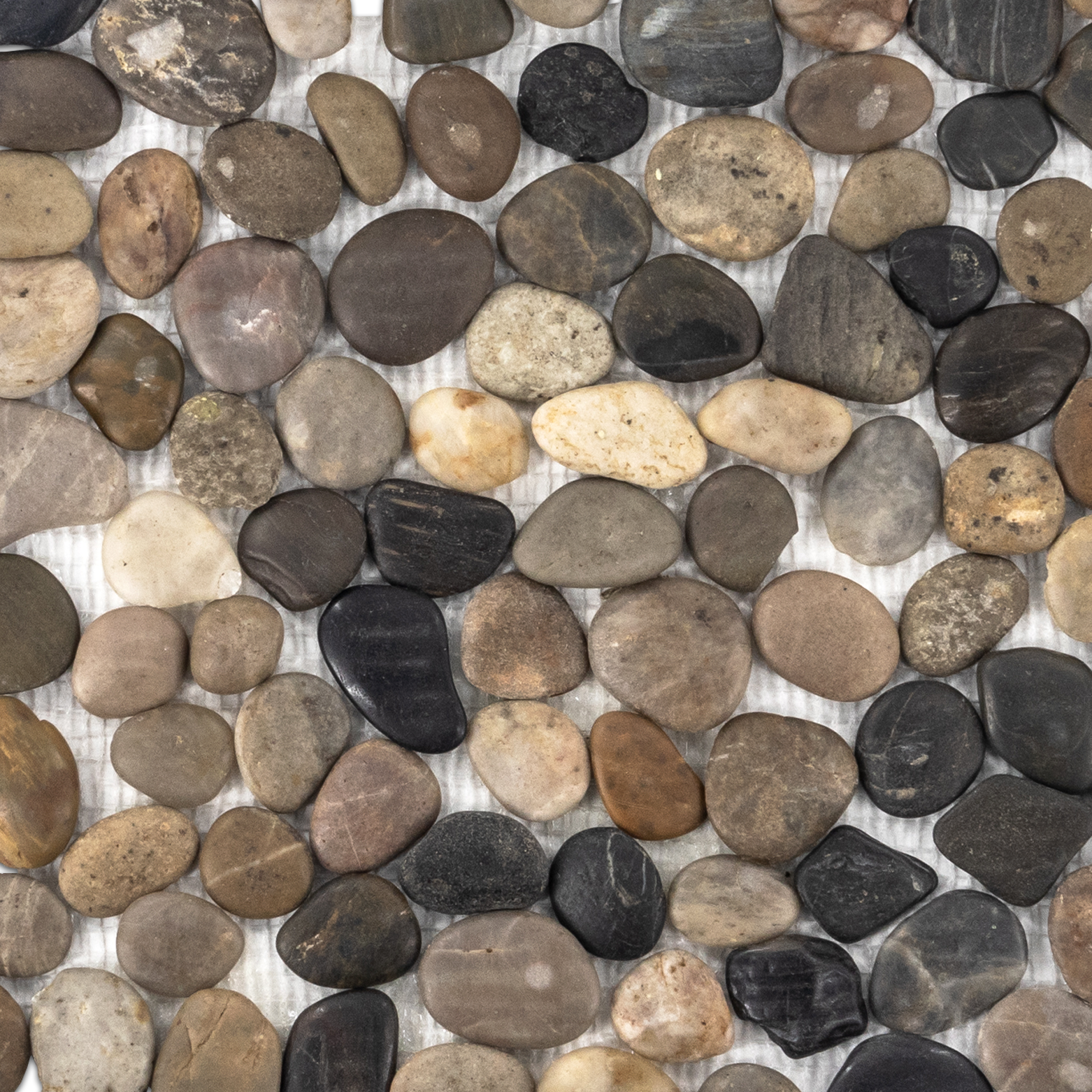 Elon Cobblestone Pebbles mosaic in natural stone with olive green, pearl white, and prairie hues available at Surface Group online tile store