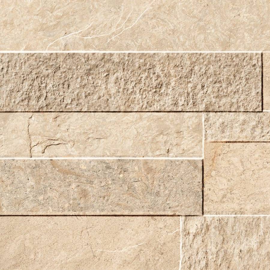 Porcelain ledgestone tile in desert alpine beige with natural stone texture for wall design.