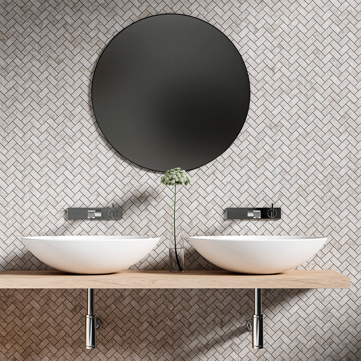 Modern bathroom with herringbone white marble wall, black-framed mirror, dual vessel sinks on wooden vanity, and minimalist black faucets.