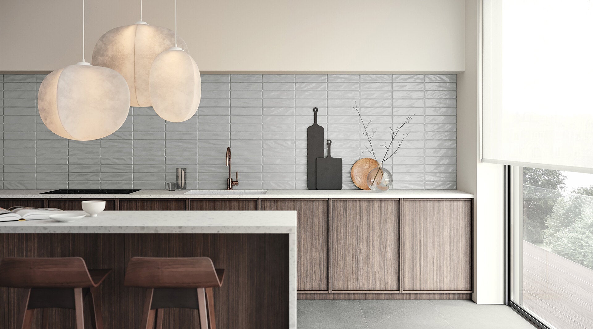 Modern kitchen backsplash featuring Anatolia Marlow Glazed Ceramic Tiles in a glossy finish, with reflective surfaces adding depth and elegance to the space.