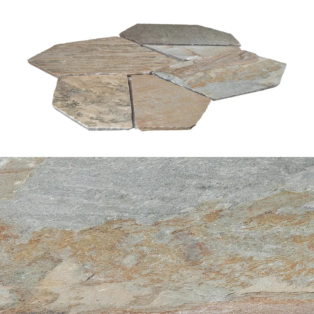 Flagmat paving tiles in mixed sizes for natural, durable outdoor spaces and design versatility.