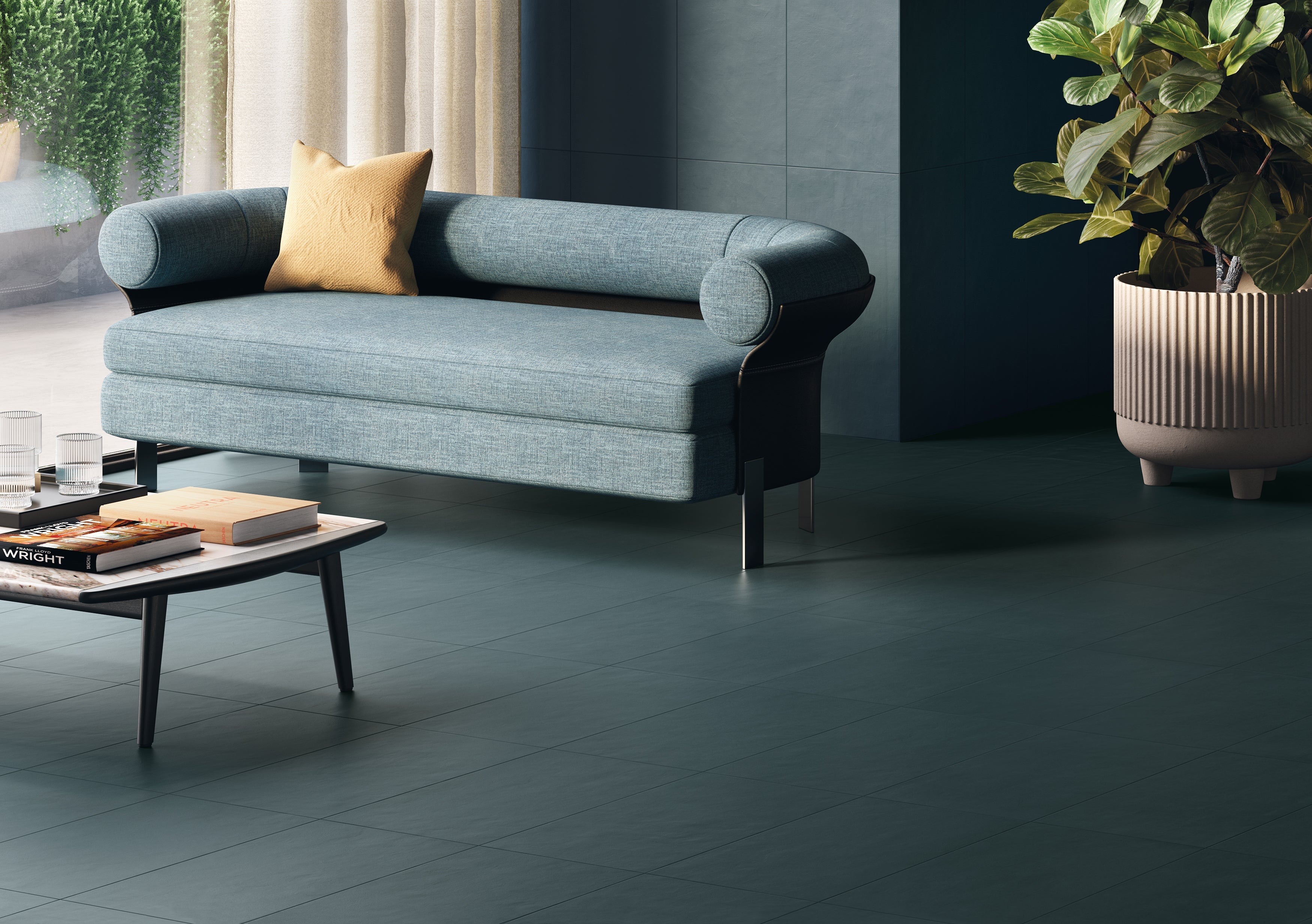 Porcelain tile collection in various colors displayed in a modern living room setting by Surface Group.