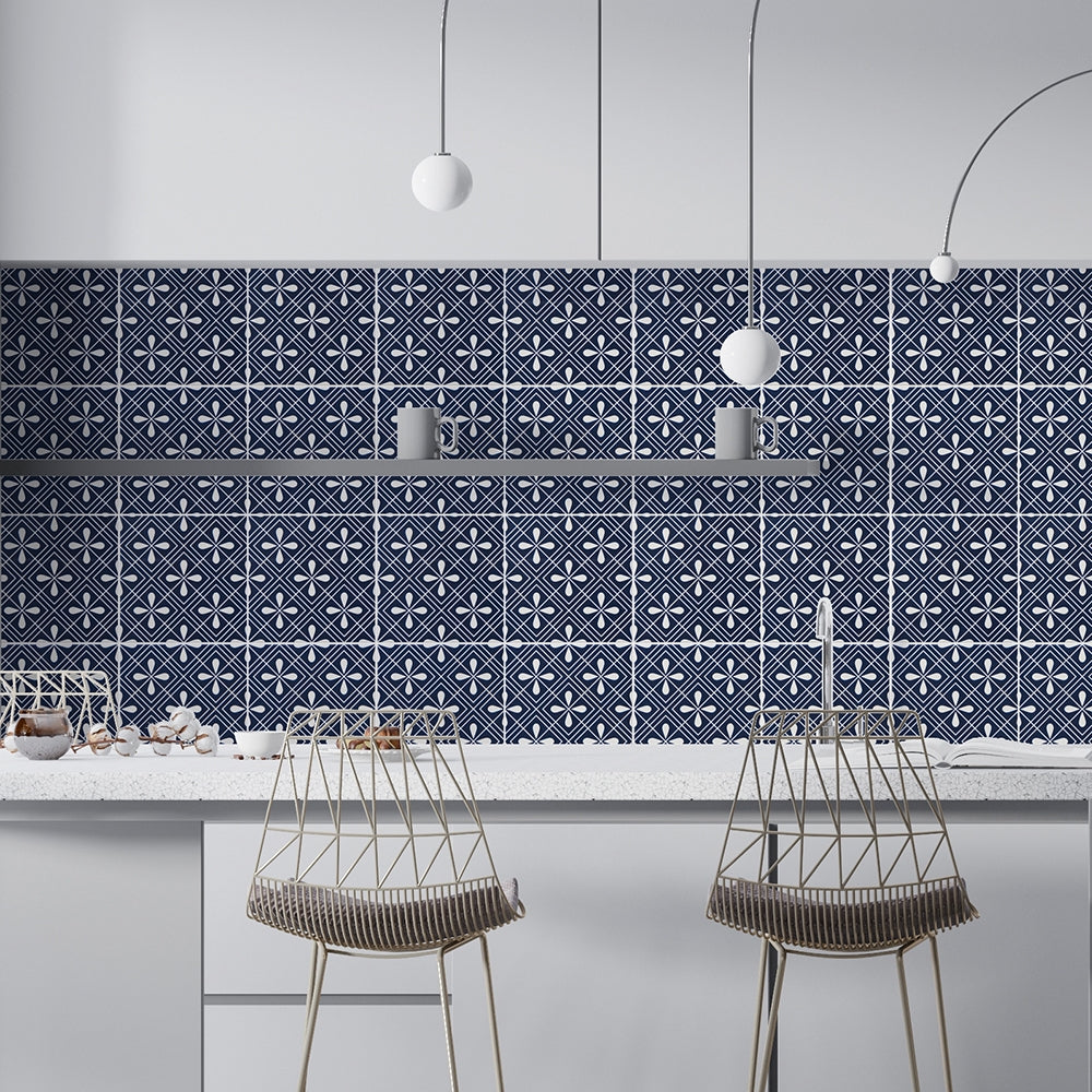 Wagara Ceramic Tile Collection by Marble Systems offers striking kitchen backsplash with bold blue patterns for Japanese-inspired elegance.