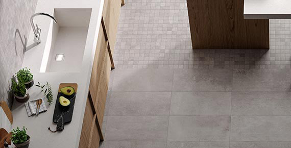 PORTLAND Ash porcelain trim, lifestyle installation view 2, 3"×24"×5/16" size. Premium porcelain for floors and walls.