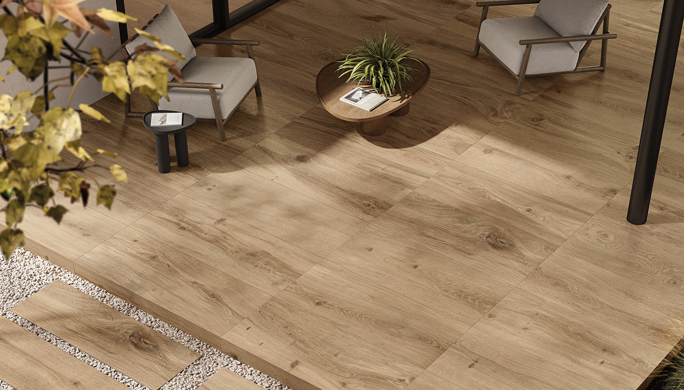 I-Wood ROVERE DORATO porcelain field tile by Emil, naturale finish, 9"x71" size. Premium Italian porcelain for floors and walls.
