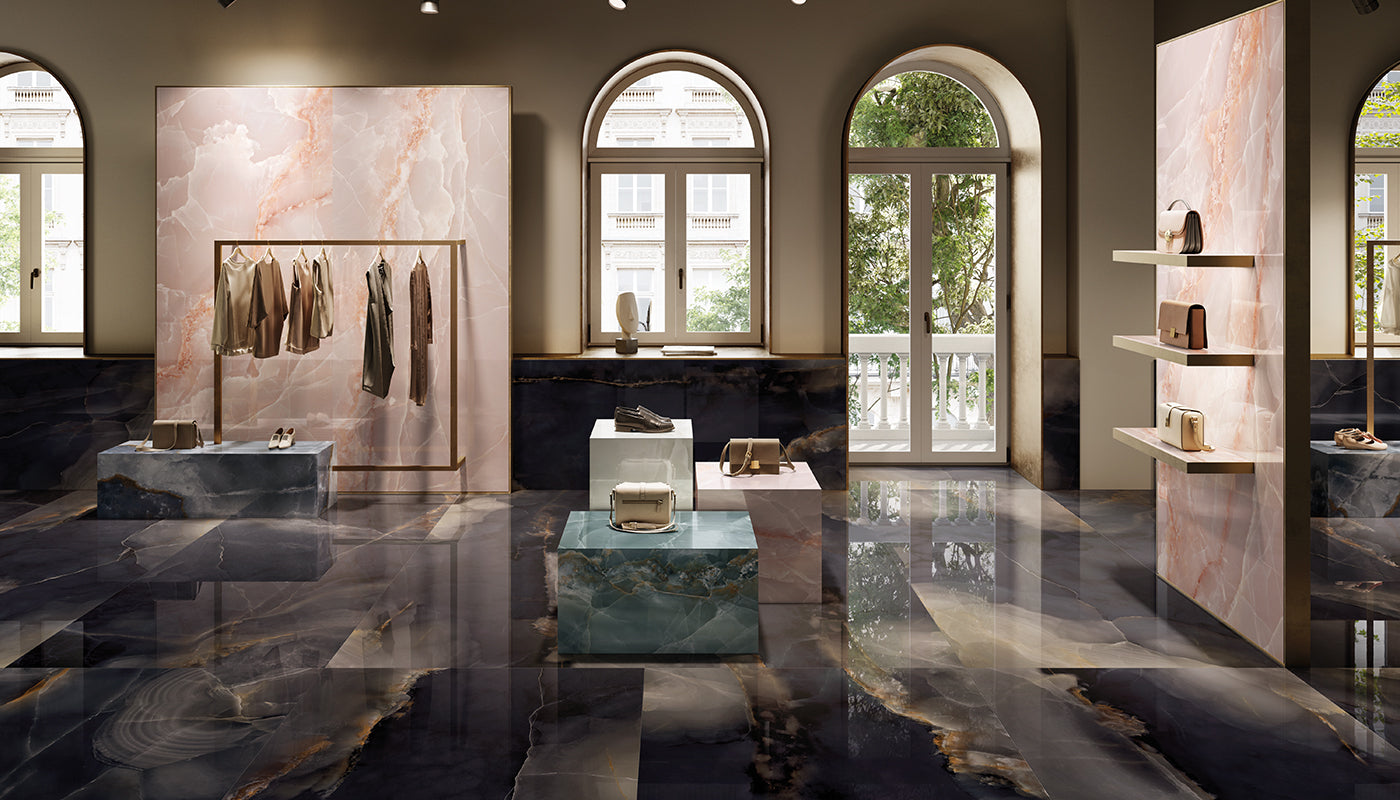 Tele di Marmo Onyx ONYX PINK porcelain mosaic tile by Emil, full lappato finish, 12"x12" size. Premium Italian porcelain for floors and walls.