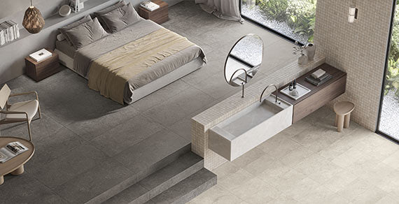 Berlin Ivory porcelain trim, lifestyle installation view 2, 3"×24"×5/16" size. Premium porcelain for floors and walls.