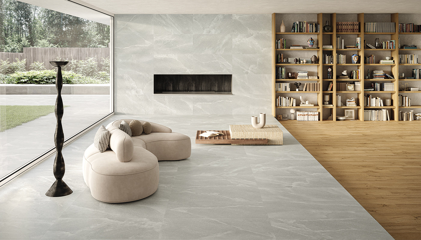 Salt Stone Grey Ash porcelain field tile by Emil, tecnica finish, 23 5/8"x47 1/4"x9.5-mm size. Premium Italian porcelain for floors and walls.