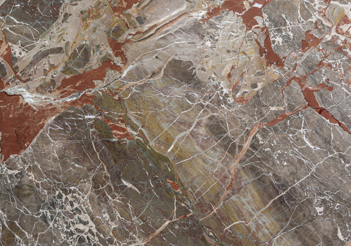 Marble Slabs Breccia Di Arzo marble slabs, top-down product view. Premium marble for floors and walls.
