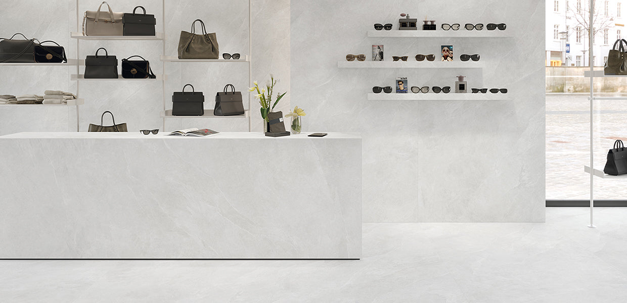 Ergon Slabs USA Slate White porcelain field tile by Emil, naturale finish, 47 1/4"x109 7/16"x6.5-mm size. Premium Italian porcelain for floors and walls.