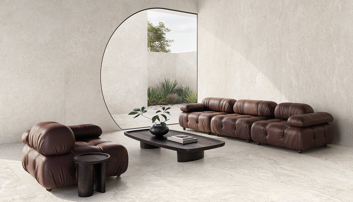 Unique Bourgogne Blanc porcelain field tile by Emil, tecnica finish, 23 5/8"x47 1/4"x9-mm size. Premium Italian porcelain for floors and walls.