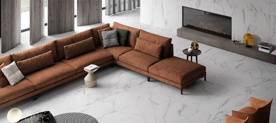 TUSCANY White porcelain trim, lifestyle installation view 2, 3"×24"×5/16" size. Premium porcelain for floors and walls.