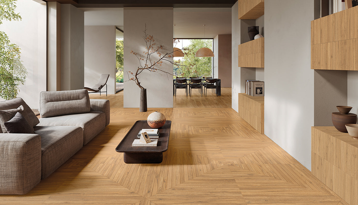 Playwood Intense Oak porcelain field tile by Emil, naturale finish, 39 3/8"x39 3/8"x9-mm size. Premium Italian porcelain for floors and walls.