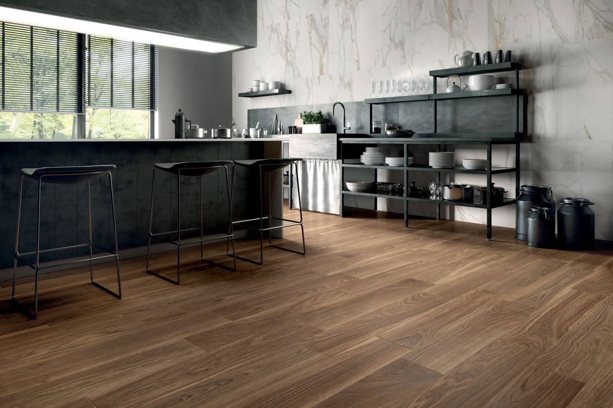 EMOTION Happy Walnut porcelain trim, lifestyle installation view 3, 6"×12"×11/32" size. Premium porcelain for floors and walls.