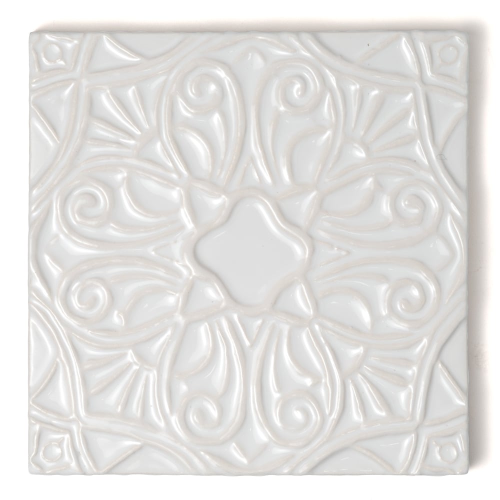 Royal White Filigree Ceramic Accent Tile (6"×6"×3/8" | glossy)