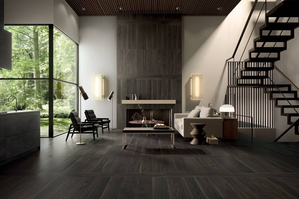 EMOTION Happy Walnut porcelain trim, lifestyle installation view 5, 6"×12"×11/32" size. Premium porcelain for floors and walls.
