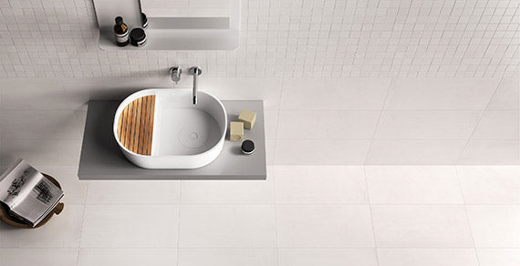 NEW YORK White porcelain trim, lifestyle installation view 2, 3"×24"×5/16" size. Premium porcelain for floors and walls.