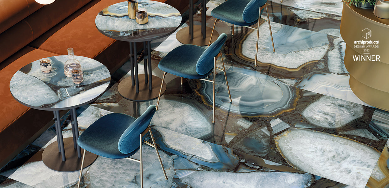 Tele di Marmo Precious AGATE AZURE porcelain mosaic tile by Emil, full lappato finish, 12"x12" size. Premium Italian porcelain for floors and walls.