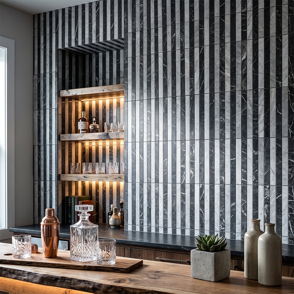 Iris Black Marble Iris Black, Avalanche marble mosaic, top-down product view, 12"×12"×3/8" size. Premium marble for floors and walls.