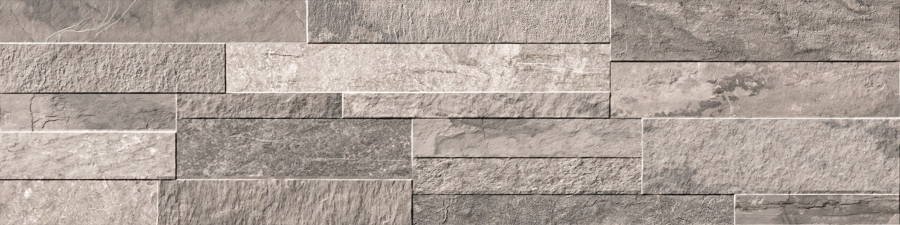 VENEER WORLD PRO LEDGESTONE RIDGE Grey porcelain wall veneer, top-down product view, 6"×24"×11/32" size. Premium porcelain for floors and walls.