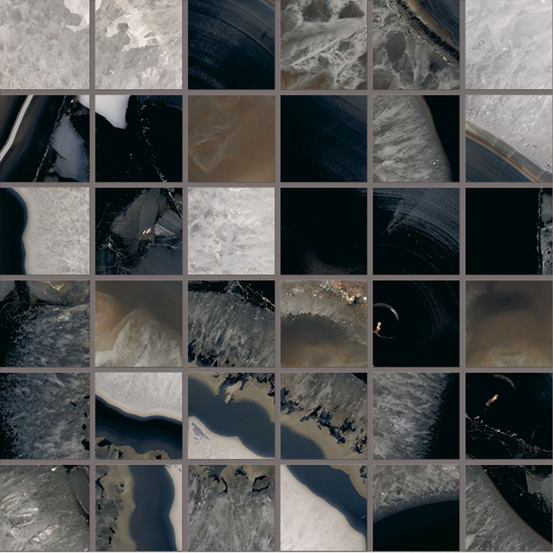 Tele di Marmo Precious AGATE BLACK porcelain mosaic tile by Emil, full lappato finish, 12"x12" size. Premium Italian porcelain for floors and walls.