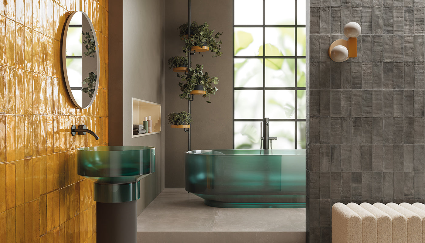Forme MAJOLICA OCRA LUX porcelain mosaic tile by Emil, naturale finish, 12"x12" size. Premium Italian porcelain for floors and walls.