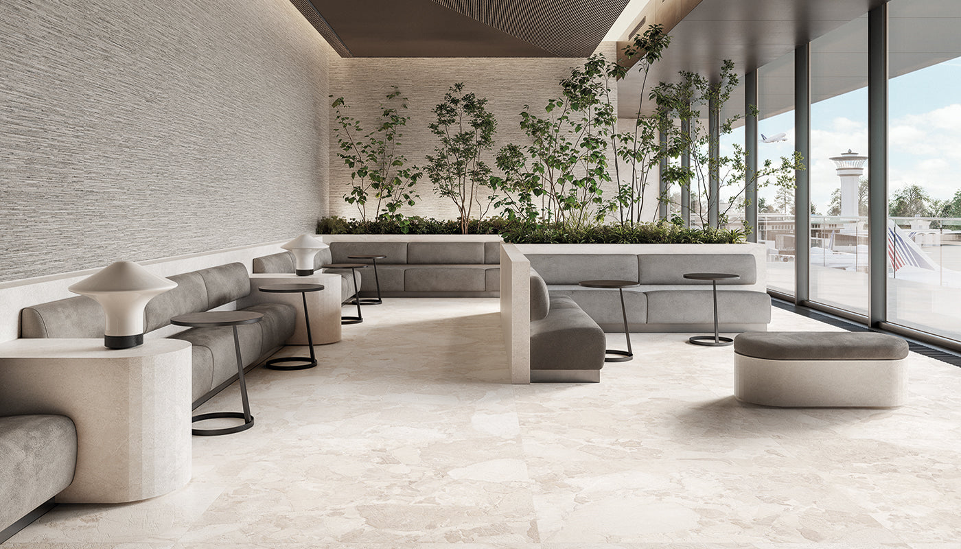 Matera Stone WHITE porcelain field tile by Emil, silktech finish, 40"x40" size. Premium Italian porcelain for floors and walls.
